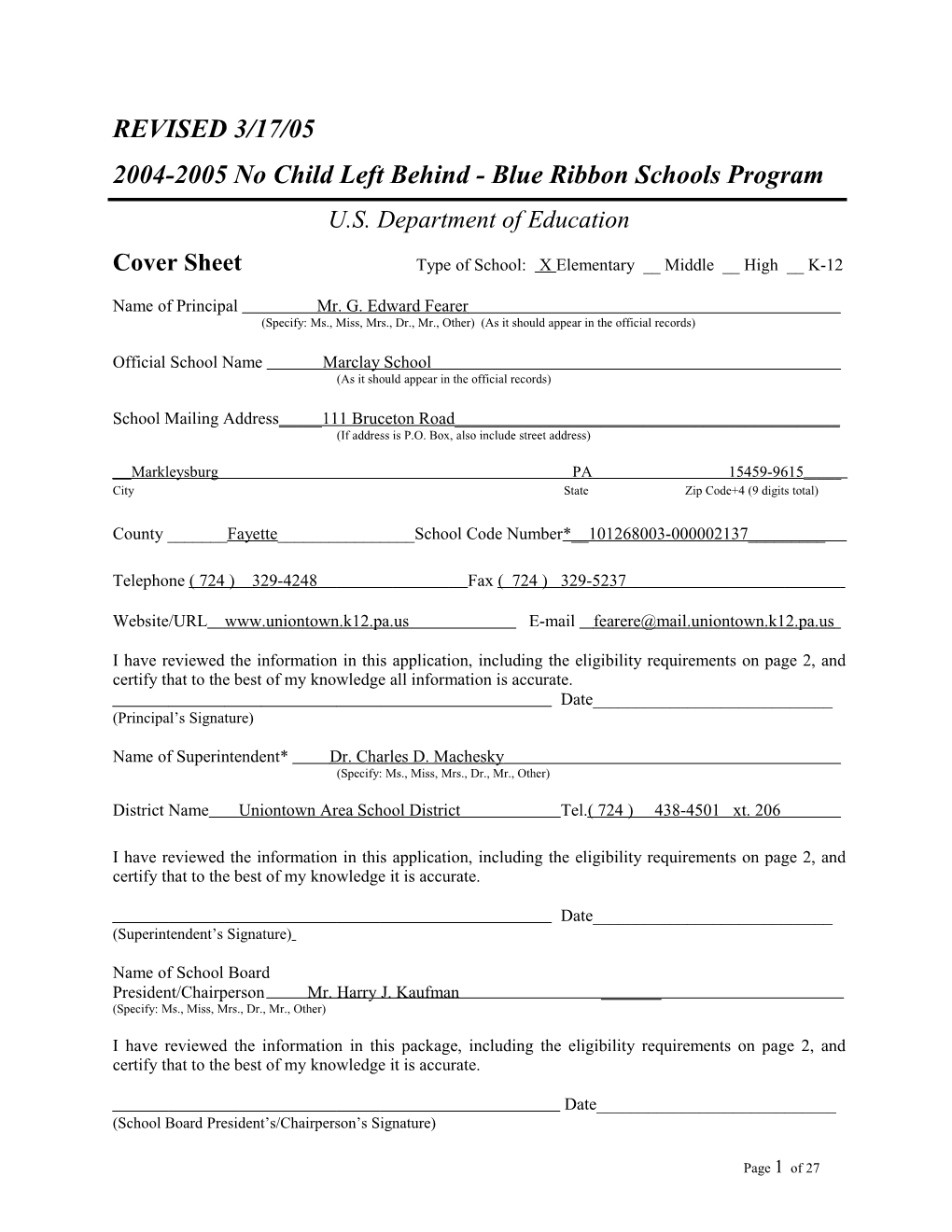 Marclay School Application: 2004-2005, No Child Left Behind - Blue Ribbon Schools Program