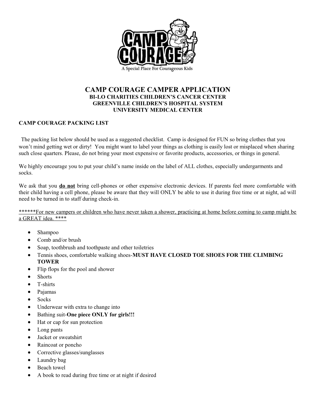 Camp Courage Camper Application
