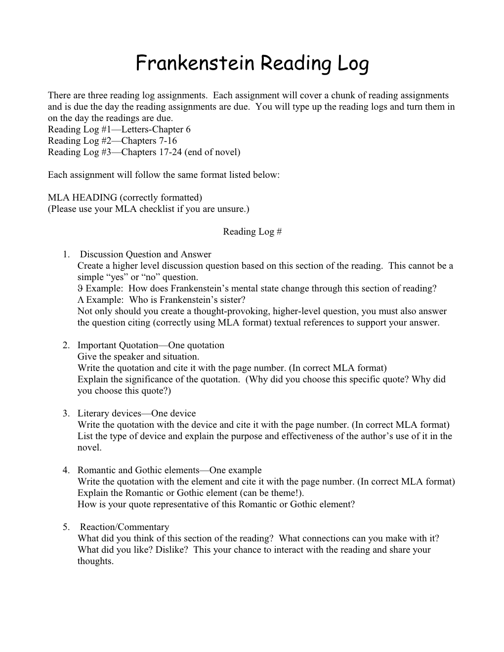 Frankenstein Reading Log Assignments