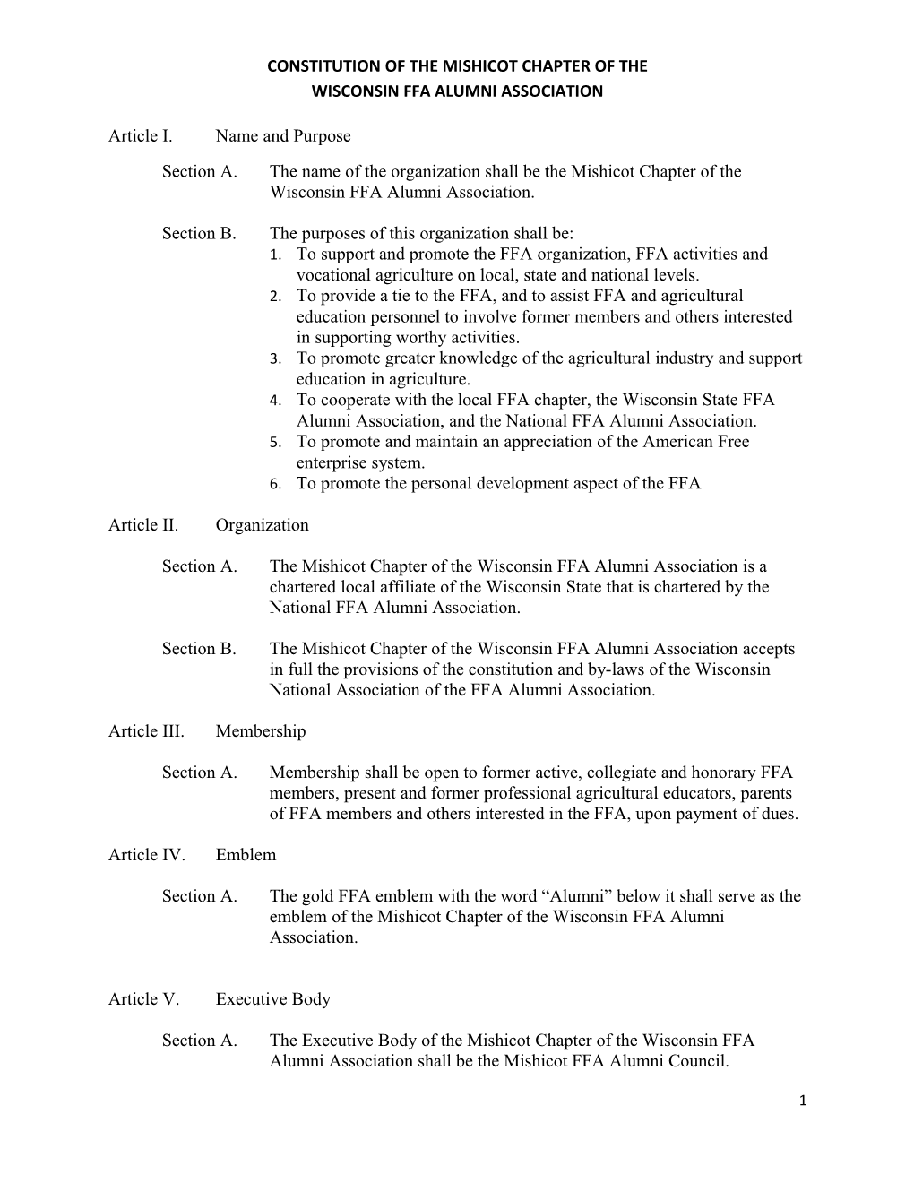 Constitution of the Mishicot Chapter of the Wisconsin Ffa Alumni Association