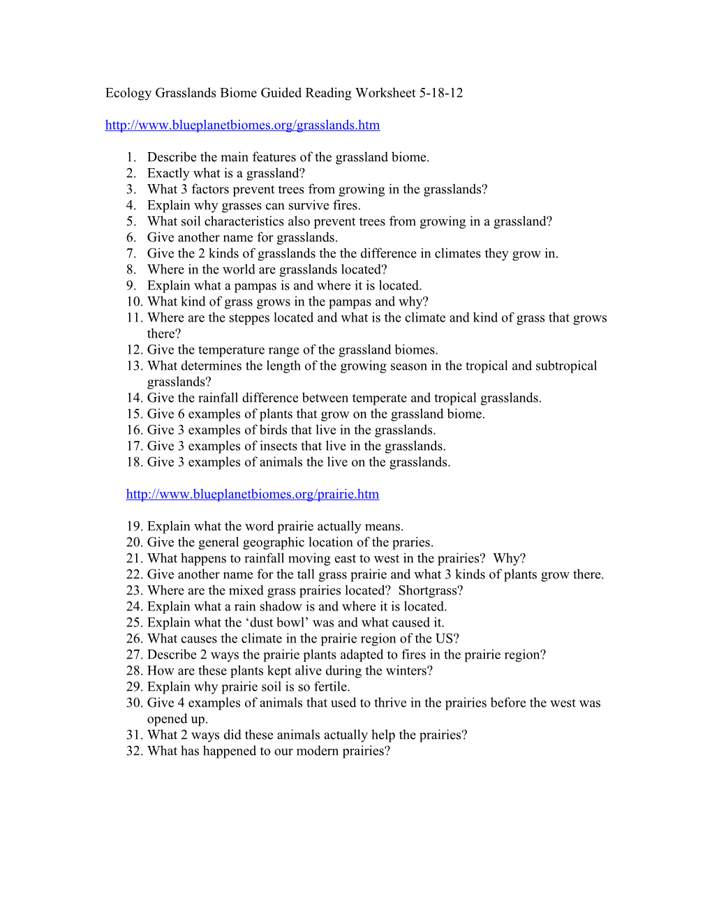 Physical Science Grasslands Biome Guided Reading Worksheet