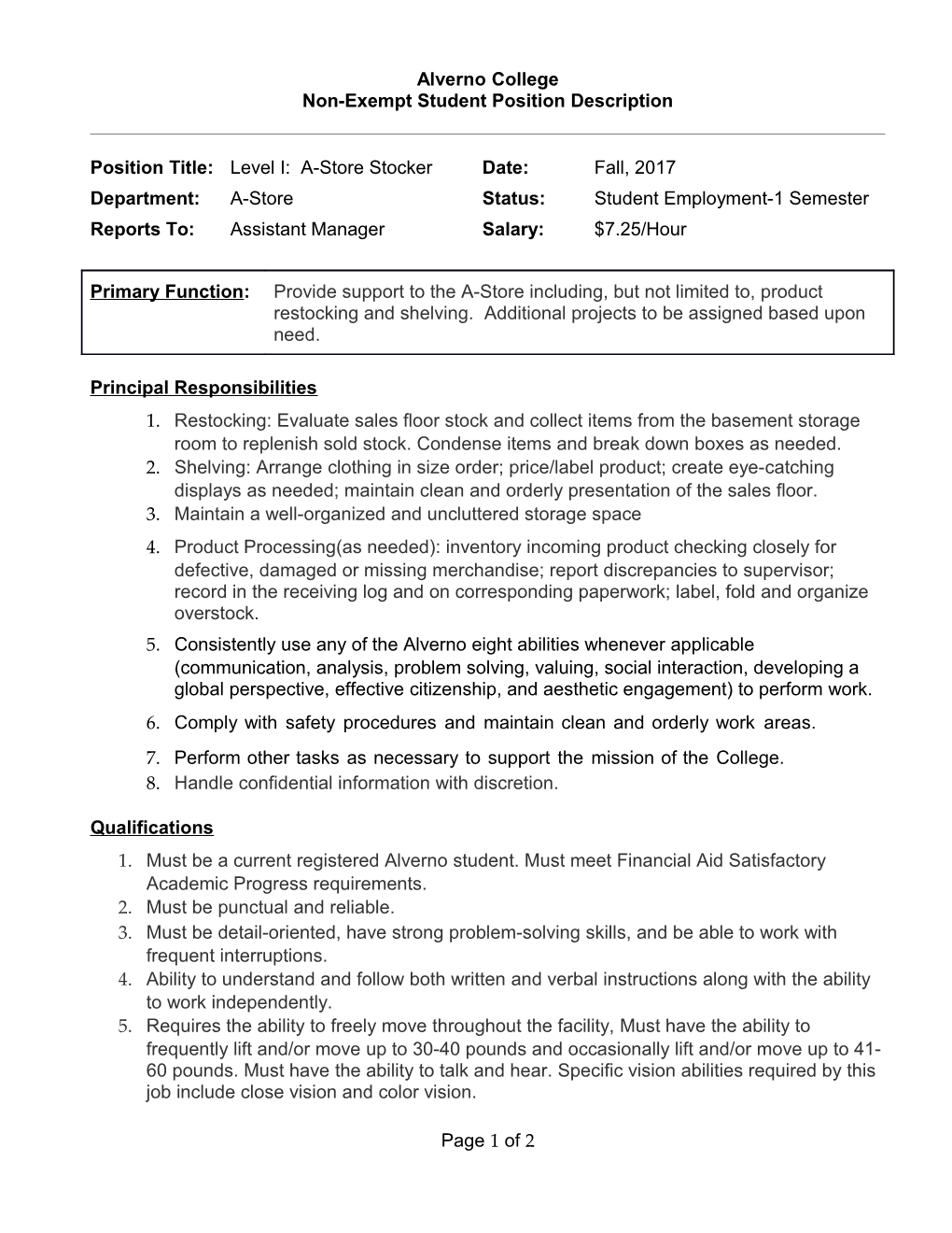 Non-Exempt Student Position Description