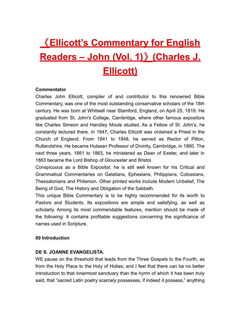 Ellicott S Commentary for English Readers John (Vol. 1) (Charles J. Ellicott)