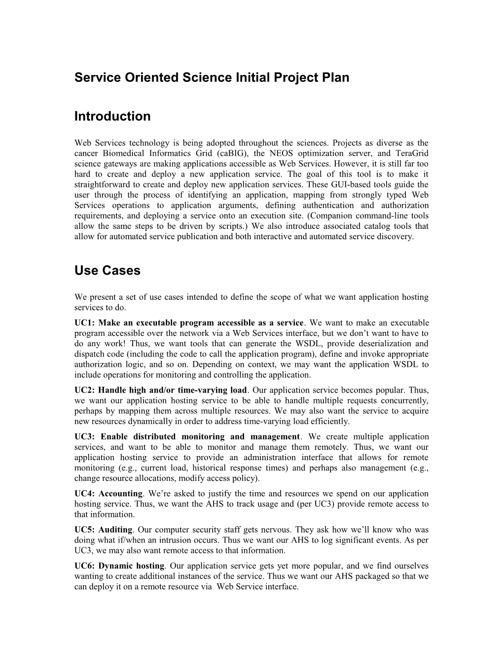 Service Oriented Science Initial Project Plan