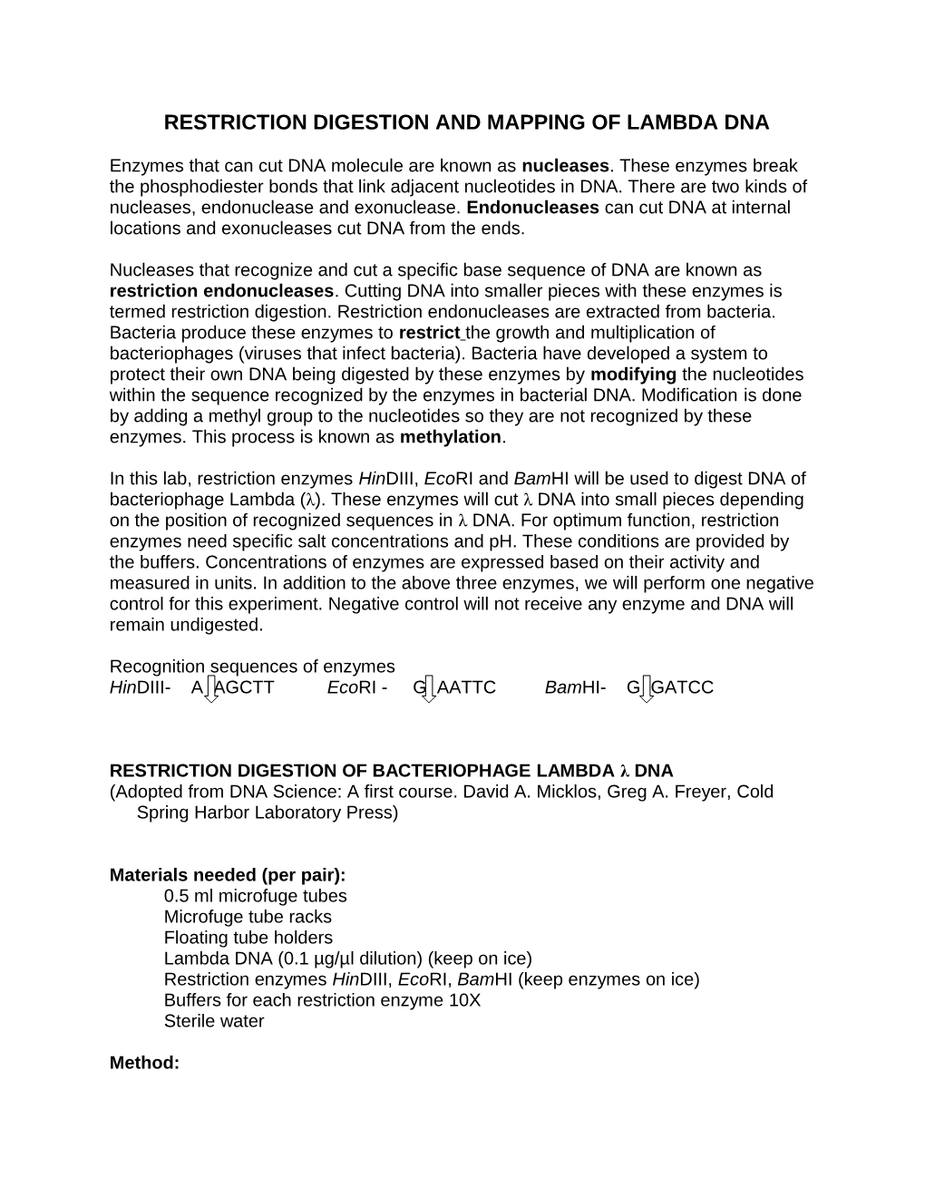 Restriction Digestion and Mapping of Lambda Dna