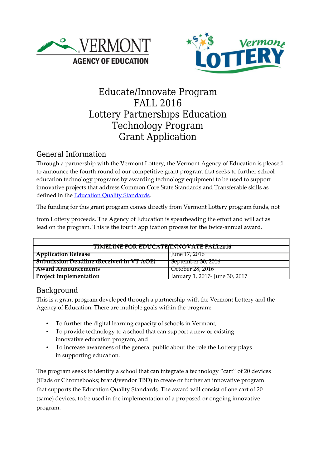 Educate/Innovate Program FALL 2016 Grant Application