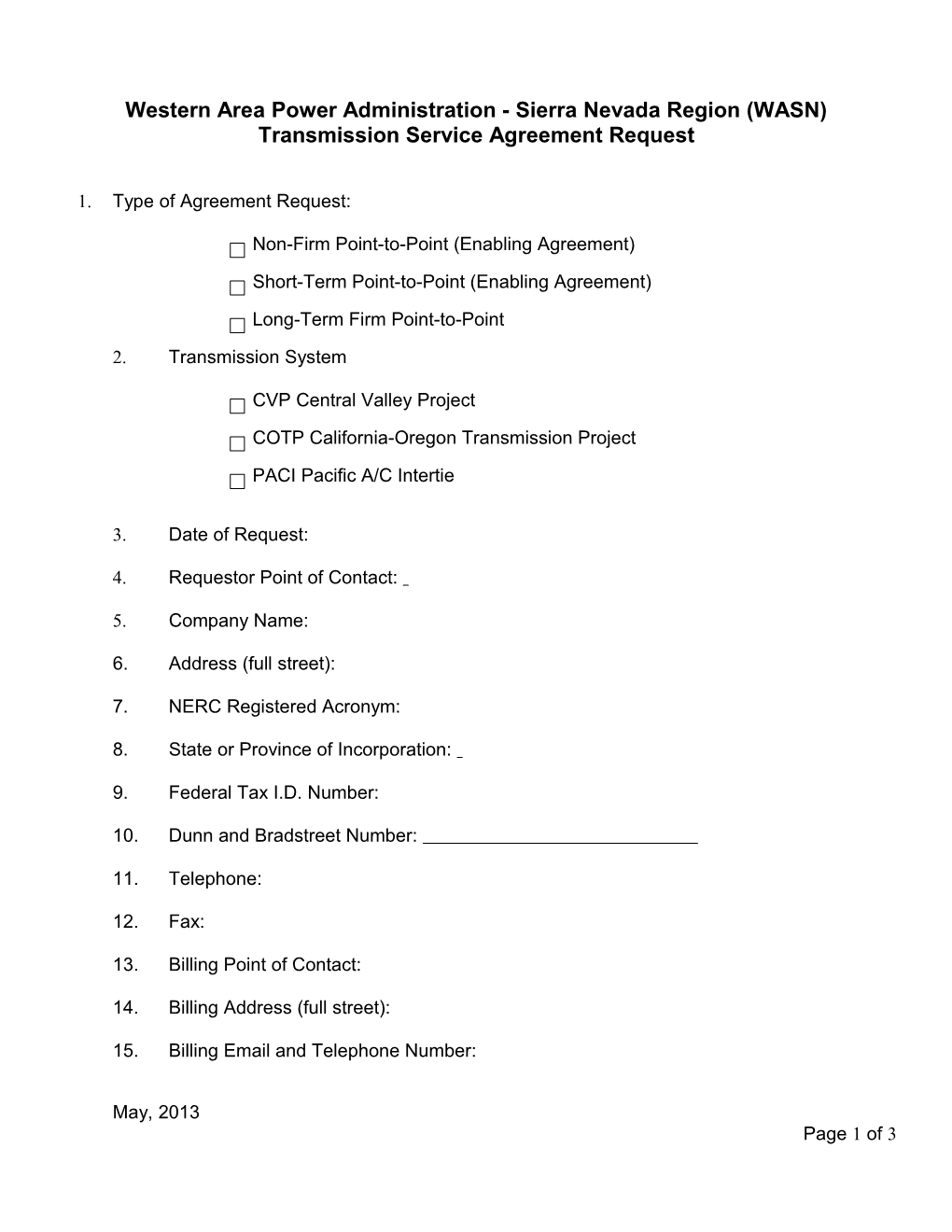 Western Area Power Administration (Western) - Sierra Nevada Region Transmission Service