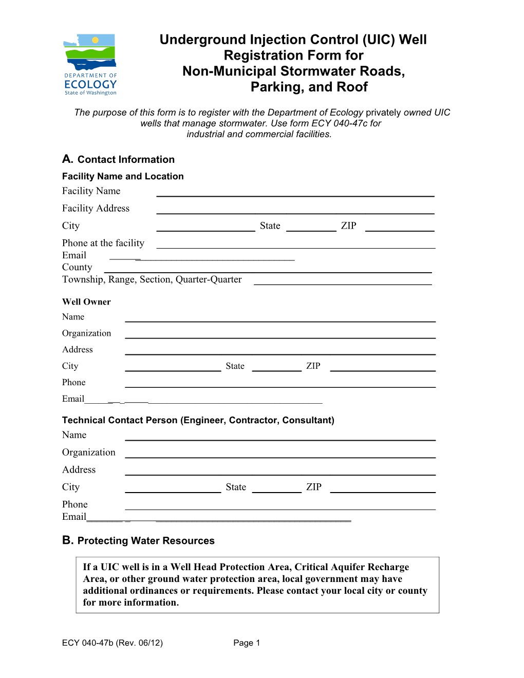 Underground Injection Control (UIC) Well Registration Form for Non-Municipal Stormwater