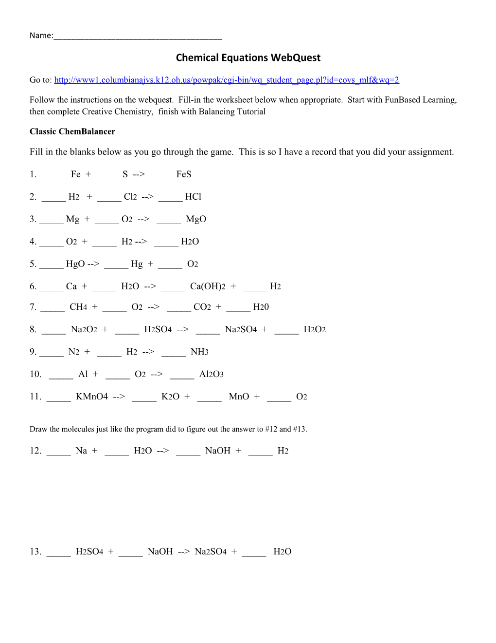 Chemical Equations Webquest