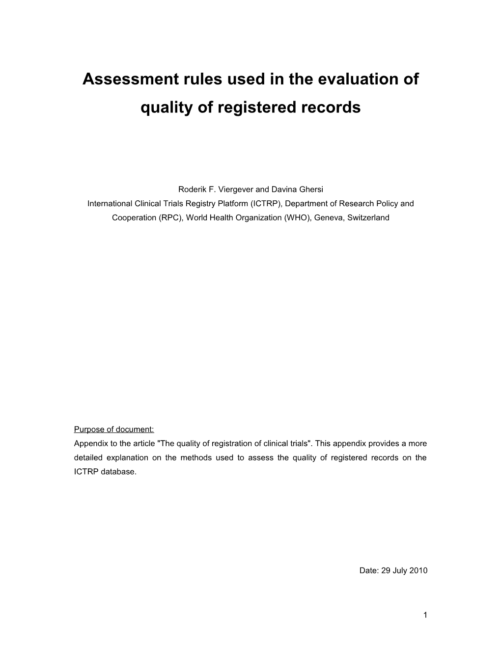 Assessment Rules Used in the Evaluation of Quality of Registered Records