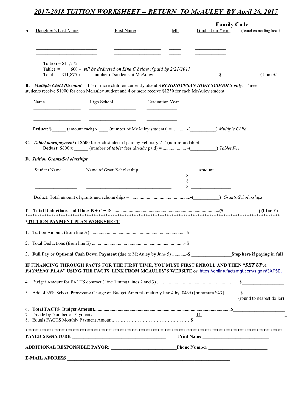 2017-2018 TUITION WORKSHEET RETURN to Mcauley by April 26, 2017