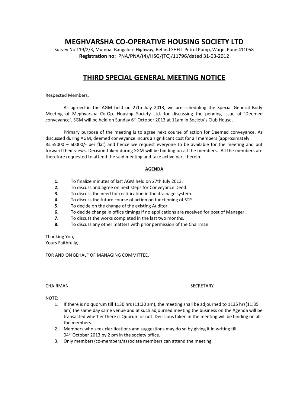 Third Special Annual General Meeting Notice