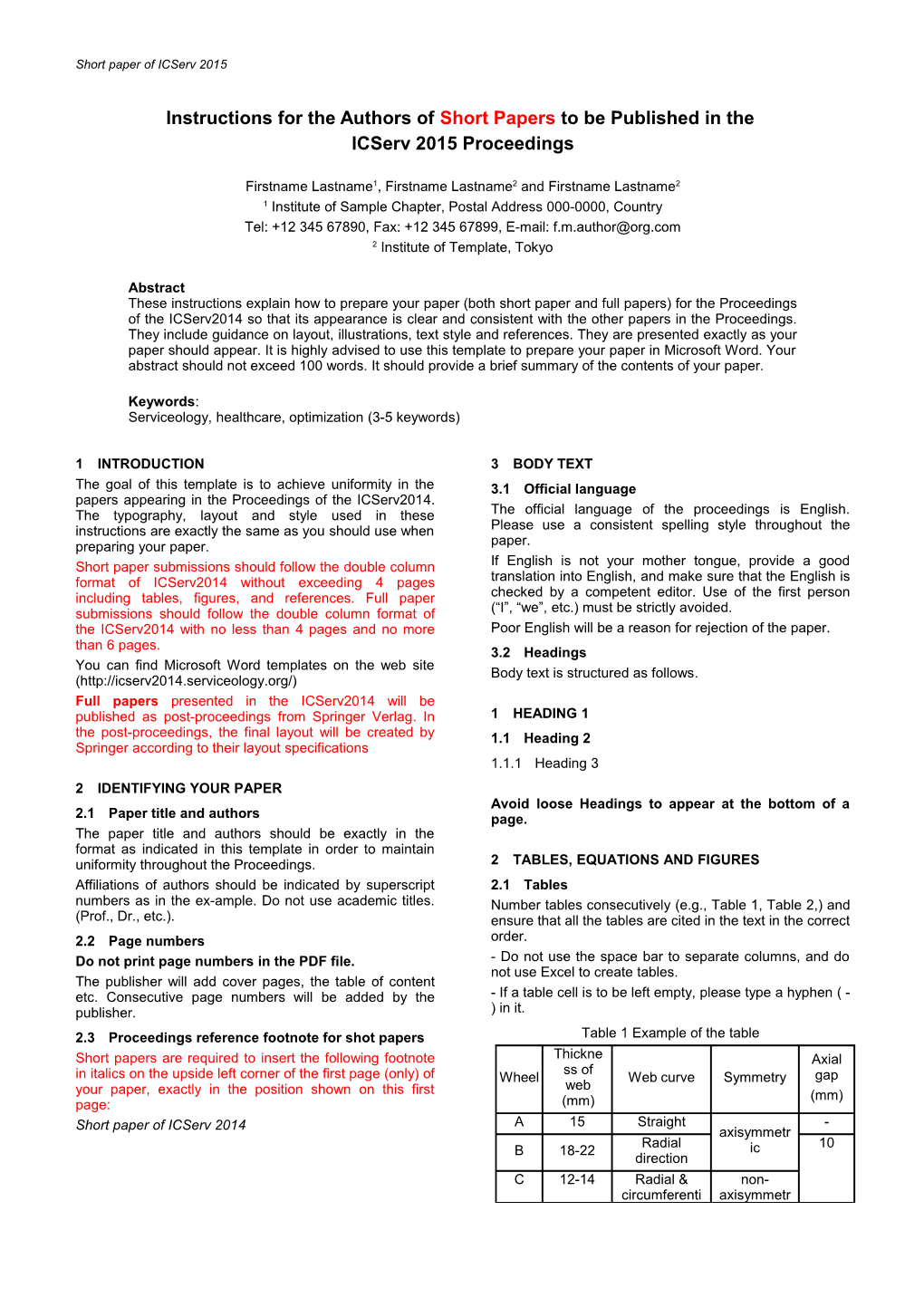 Instructions for the Authors of Short Papers to Be Published in The