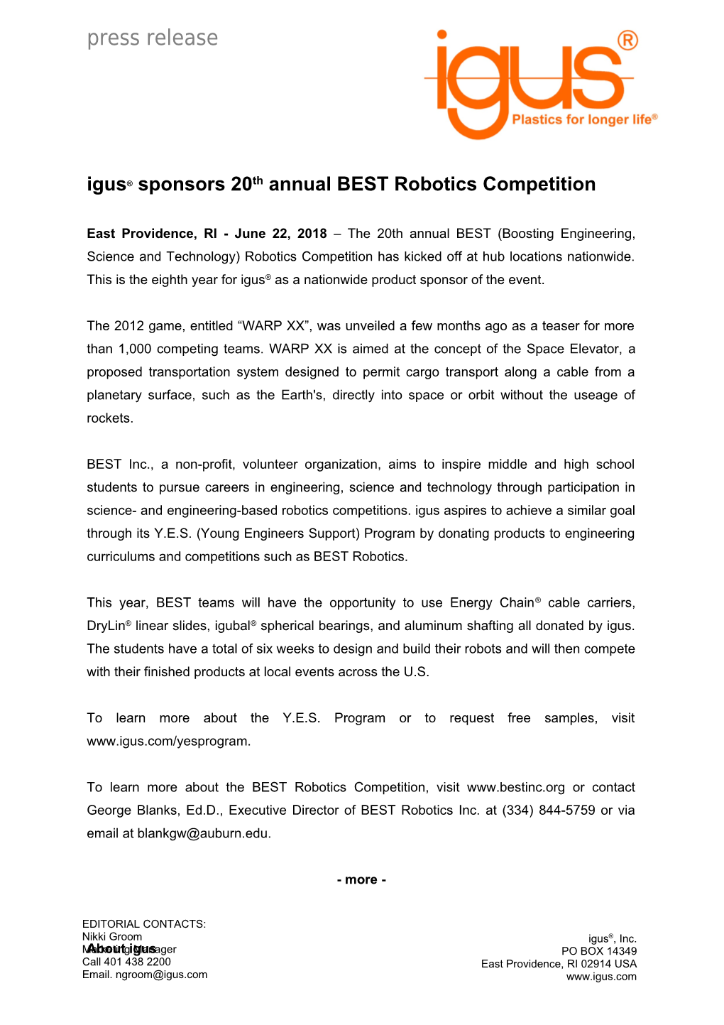 Igus Sponsors 20Th Annual BEST Robotics Competition