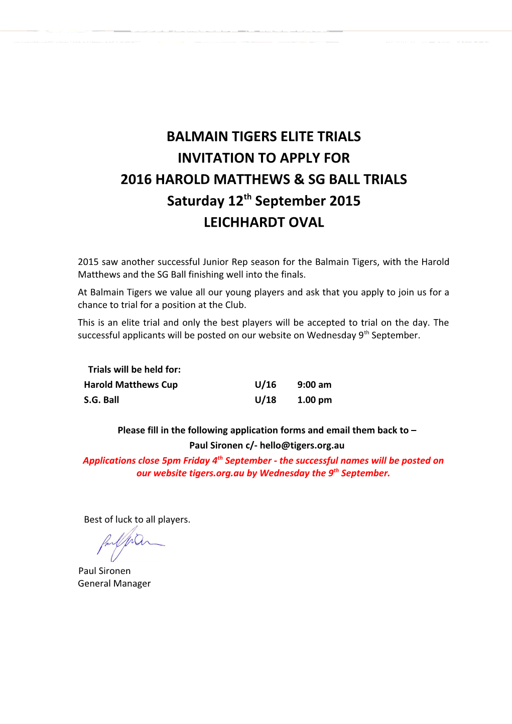 Balmain Tigers Elite Trials