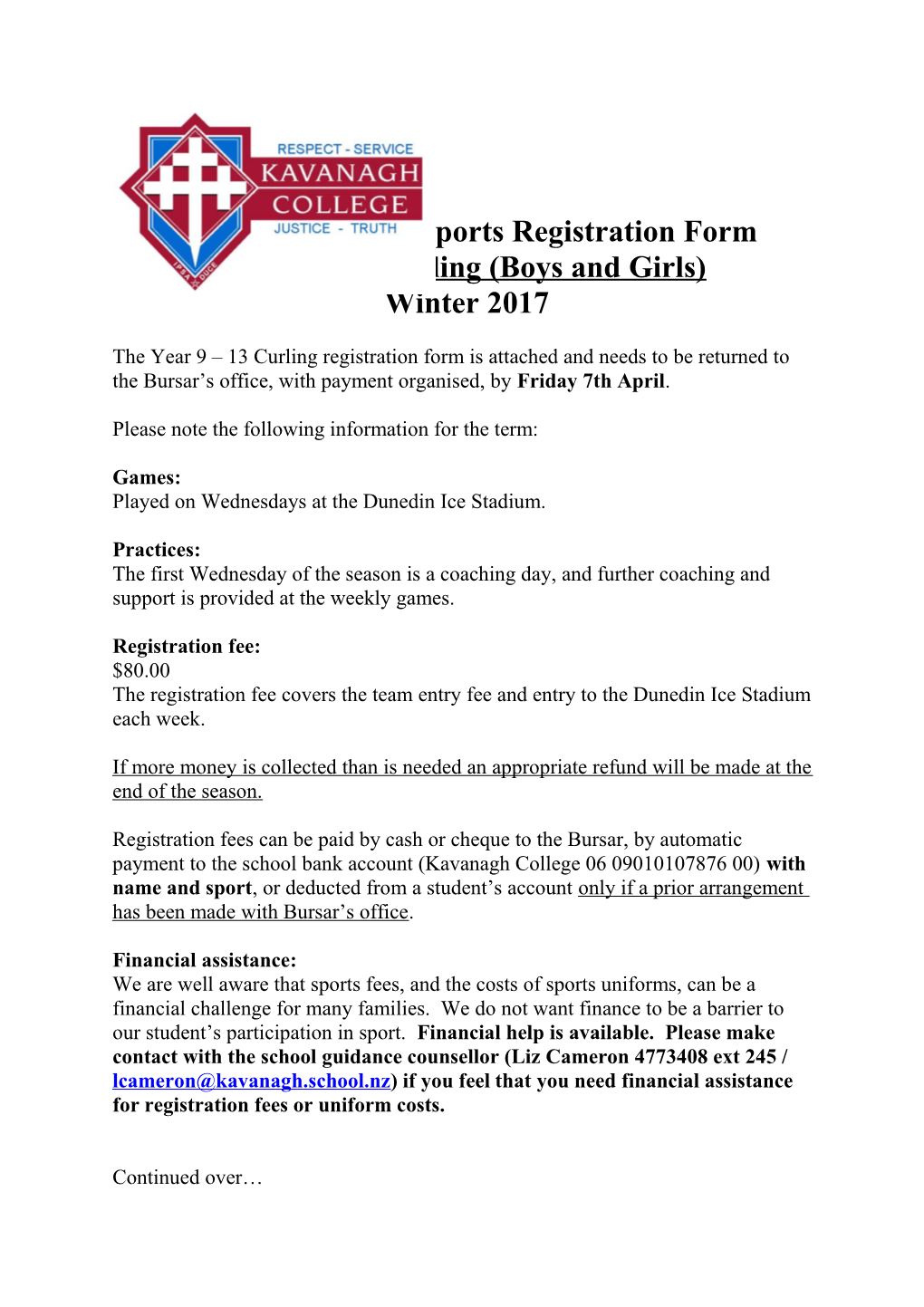 Kavanagh College Sports Registration Form