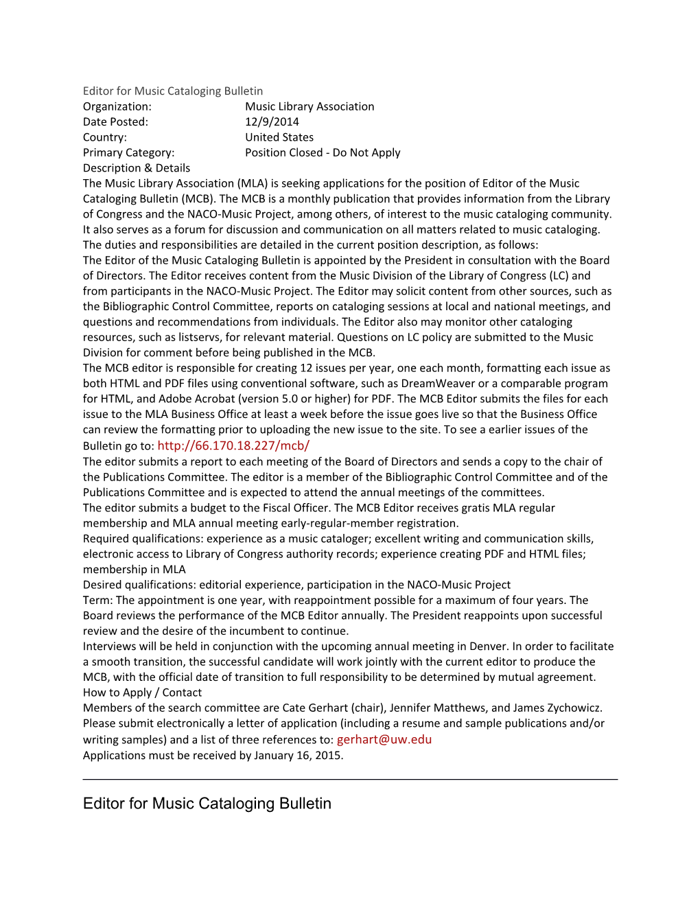 Editor for Music Cataloging Bulletin