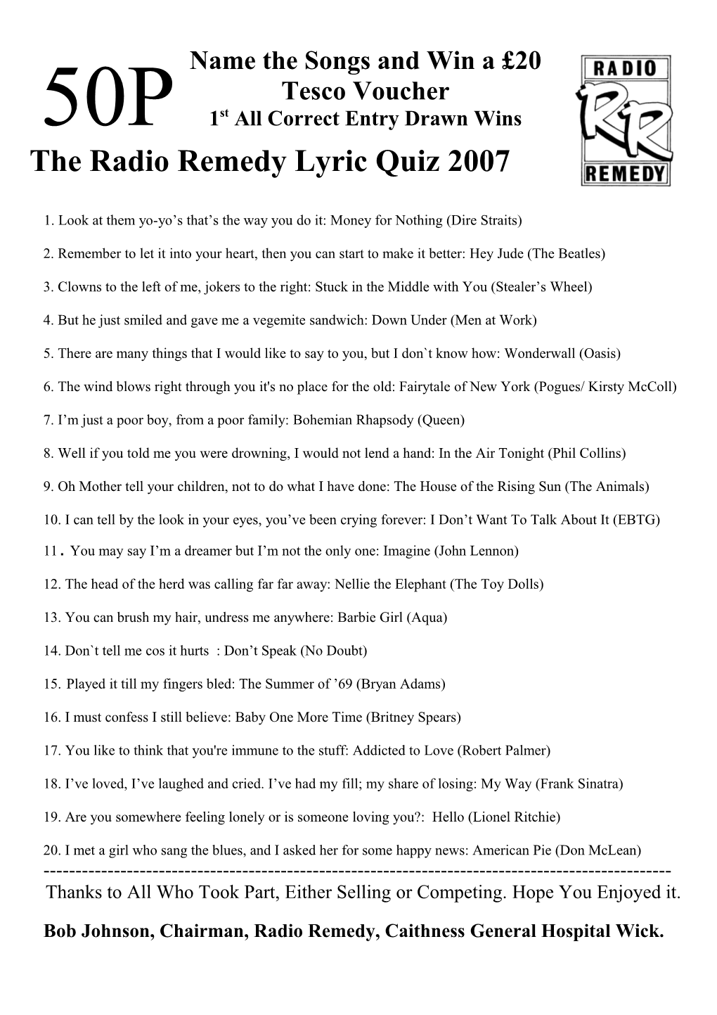 Hospital Radio Music Quiz 2006