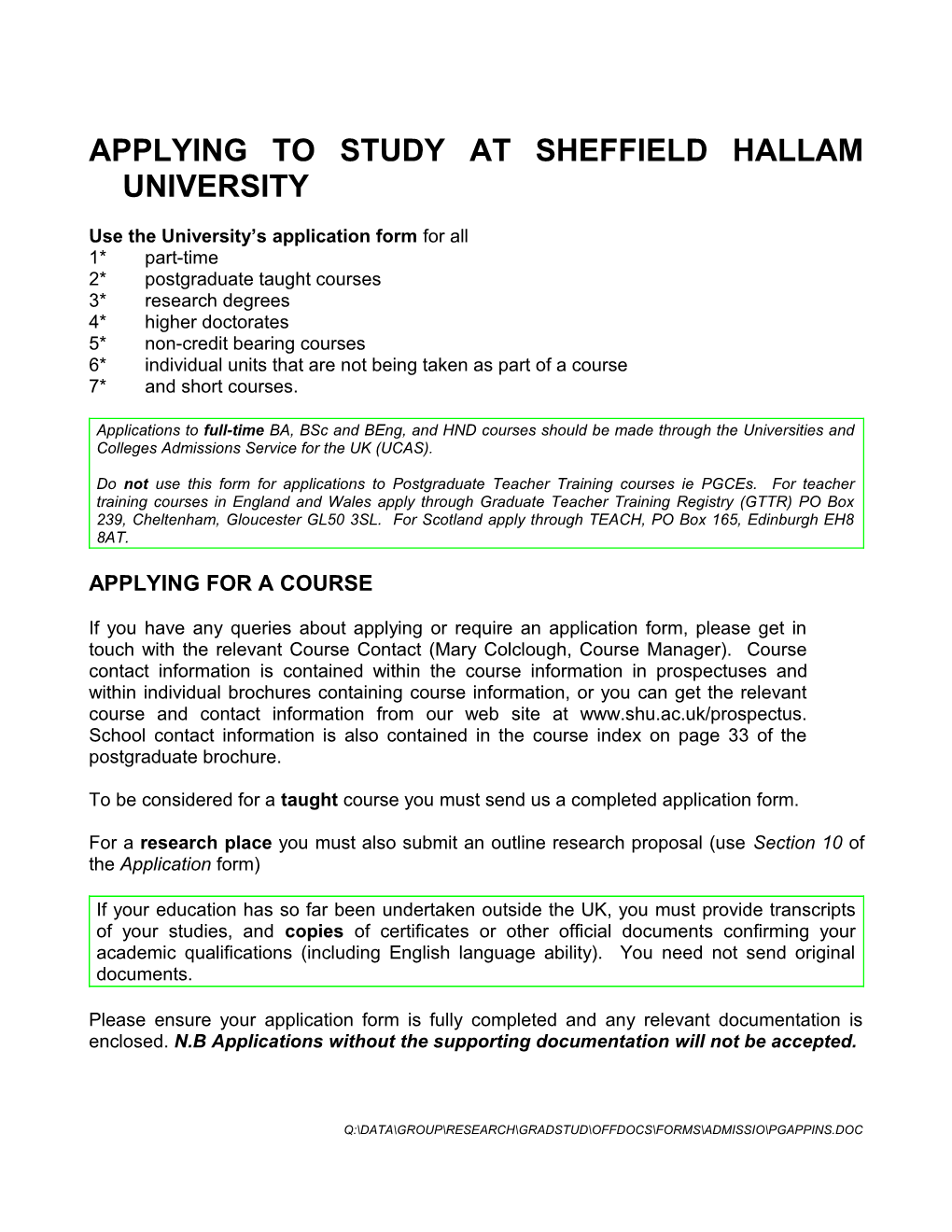 University Application Form - Instructions