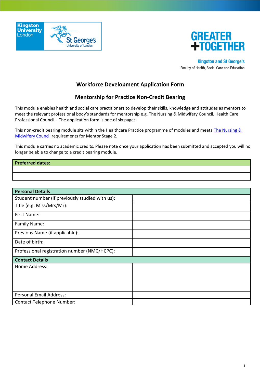 Wfd Non Credit Bearing Module Application Form