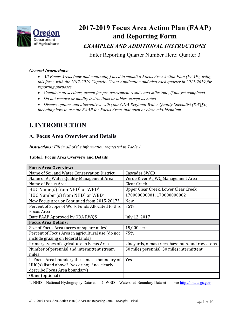 SWCD Focus Area Action Plan (FAAP) and Reporting Form Examples (2017)