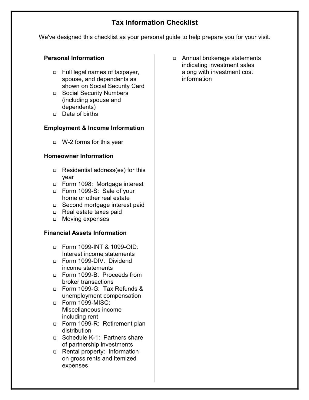 Tax Information Checklist