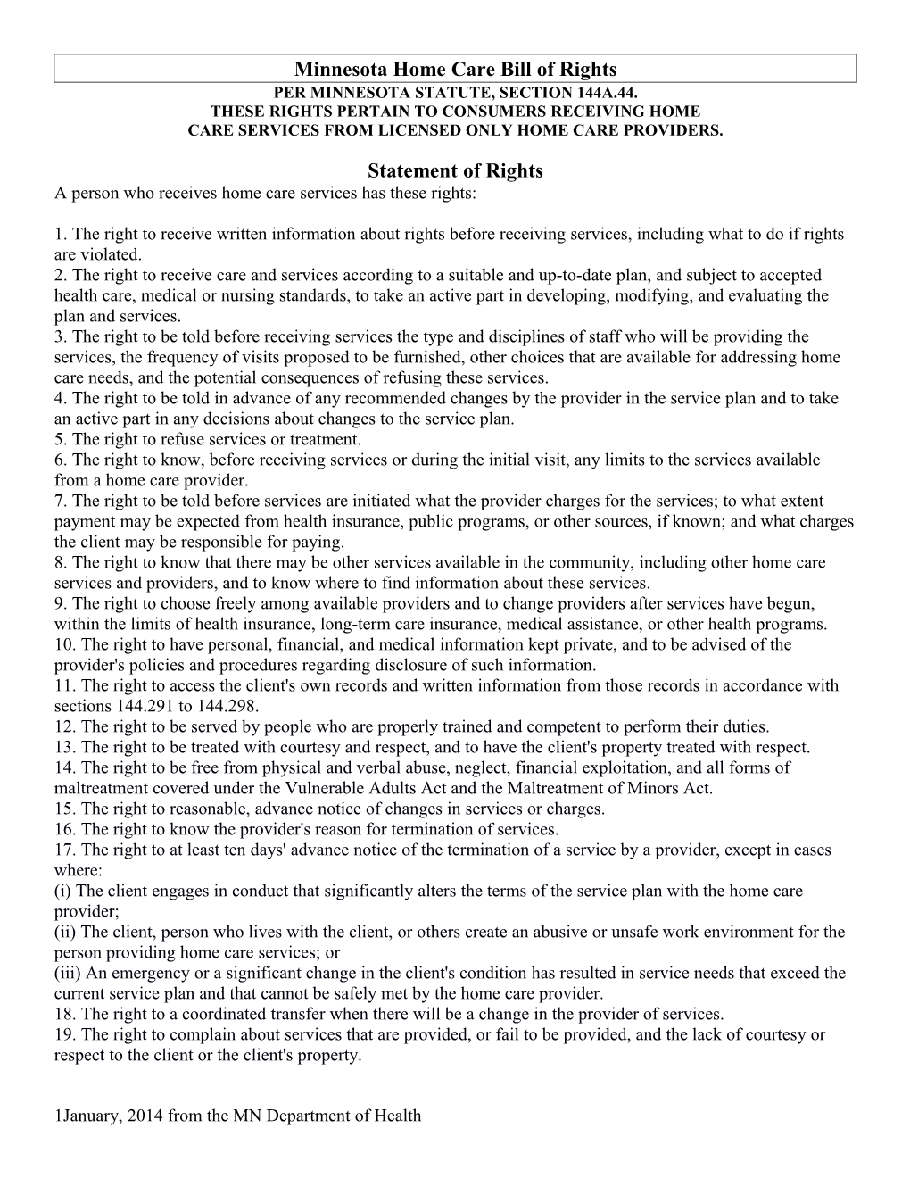 Minnesota Home Care Bill of Rights