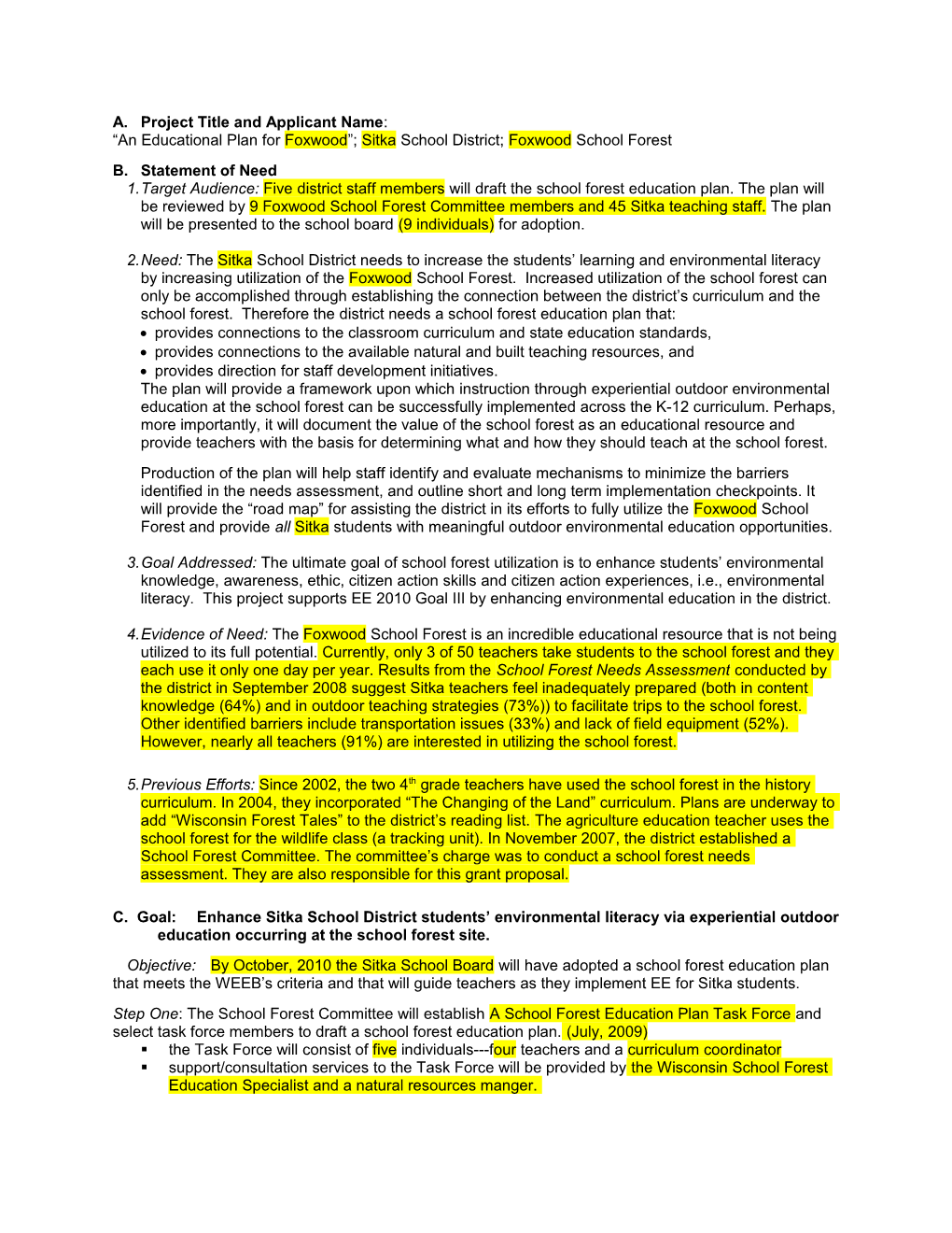 2005 WEEB Grant Sample School Forest Edplan Narrative