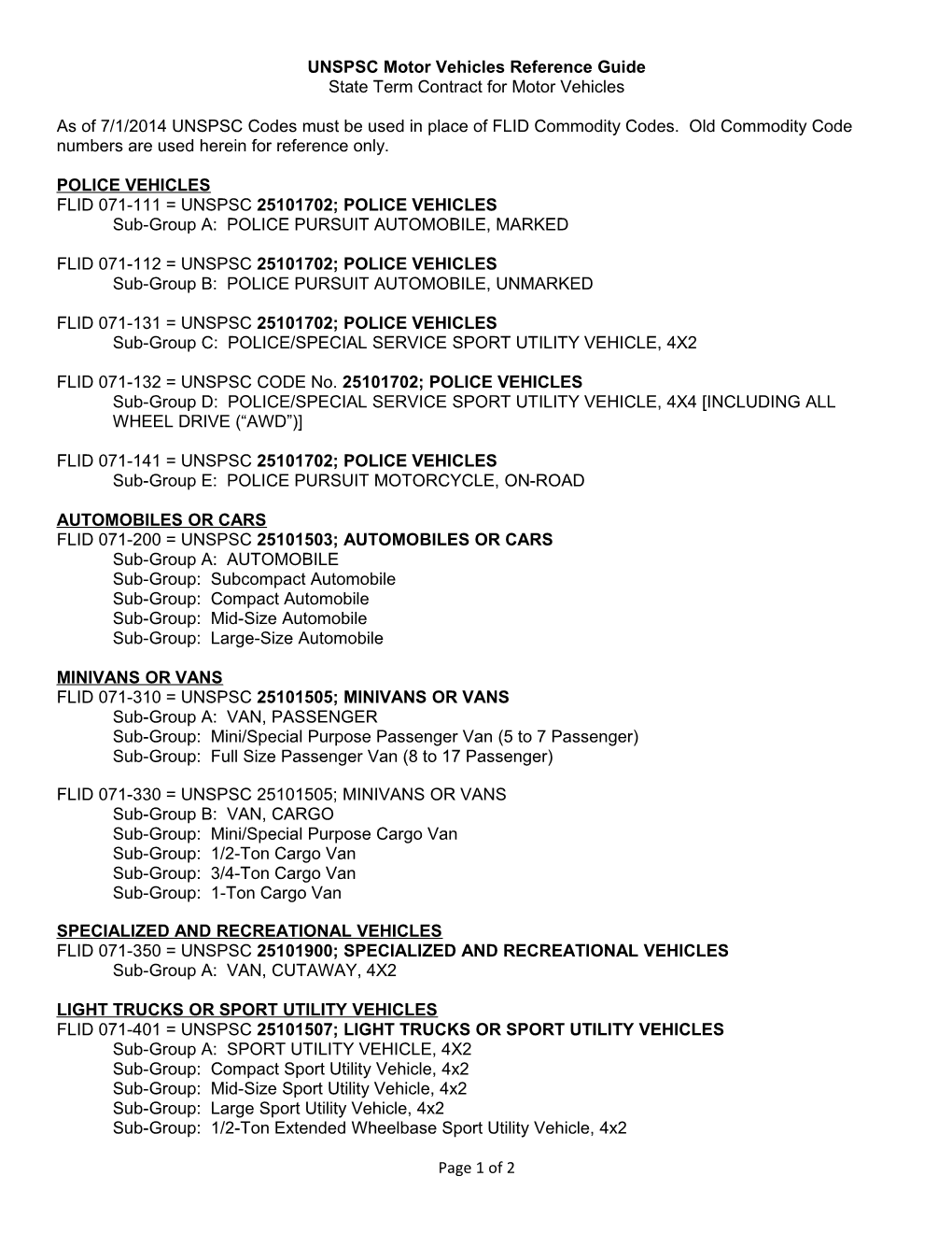 UNSPSC Motor Vehicles Reference Guide