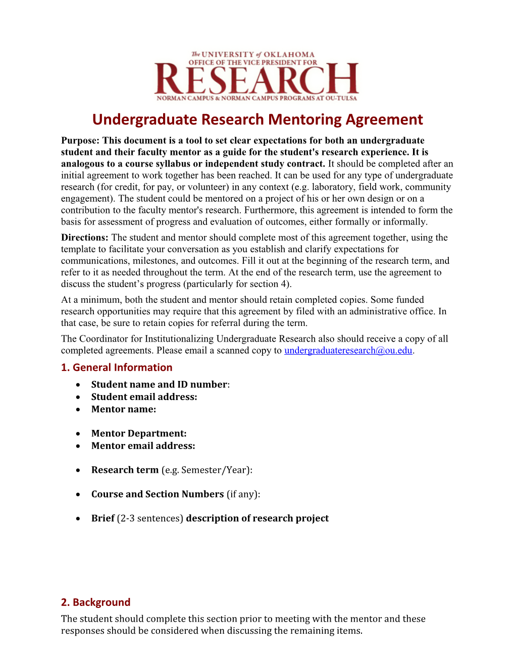 Undergraduate Research Mentoring Agreement