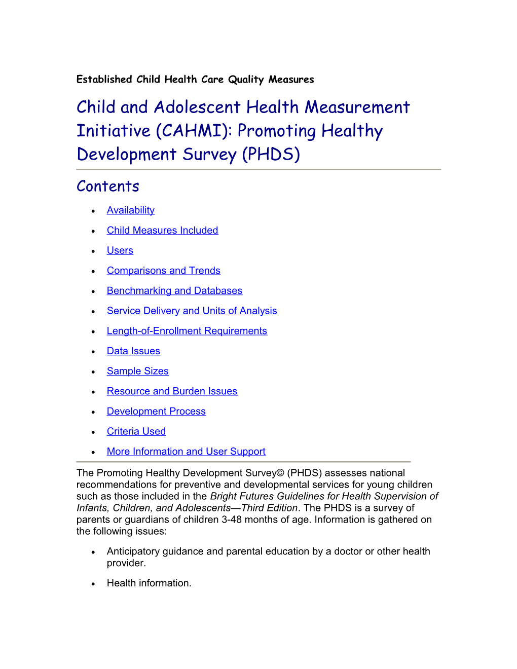 Established Child Health Care Quality Measures