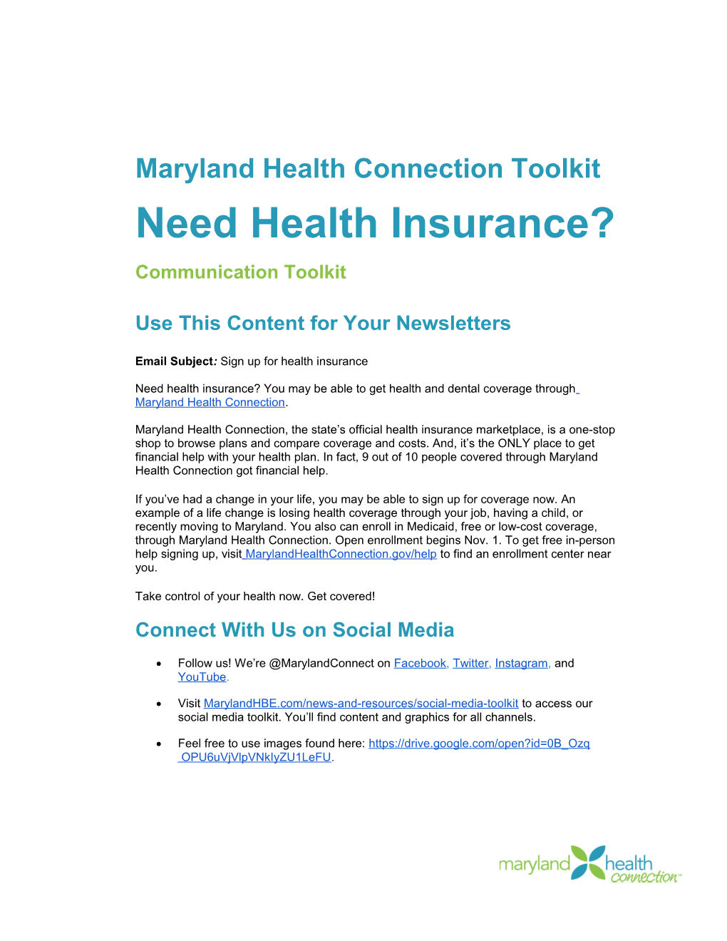 Maryland Health Connection Toolkit