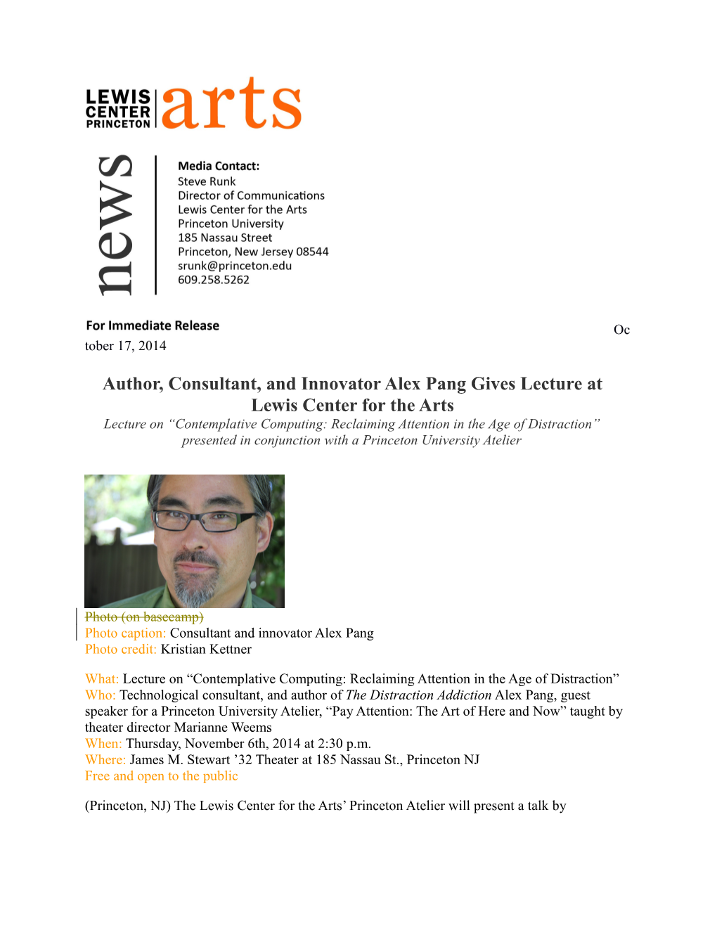 Author, Consultant, and Innovator Alex Pang Gives Lecture at Lewis Center for the Arts
