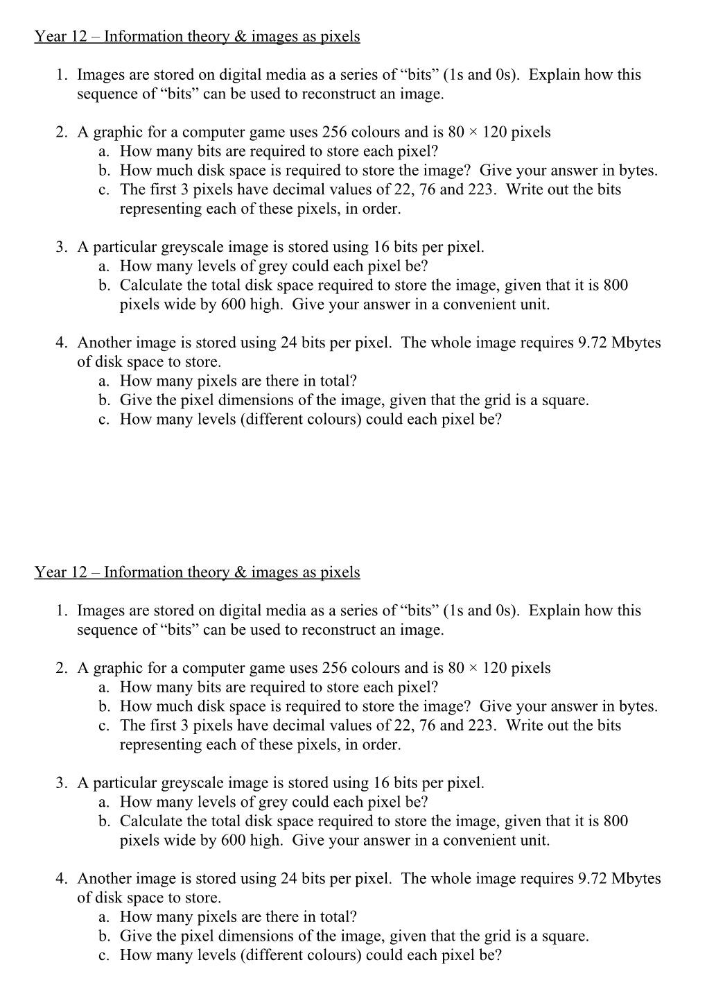 Year 12 Information Theory & Images As Pixels