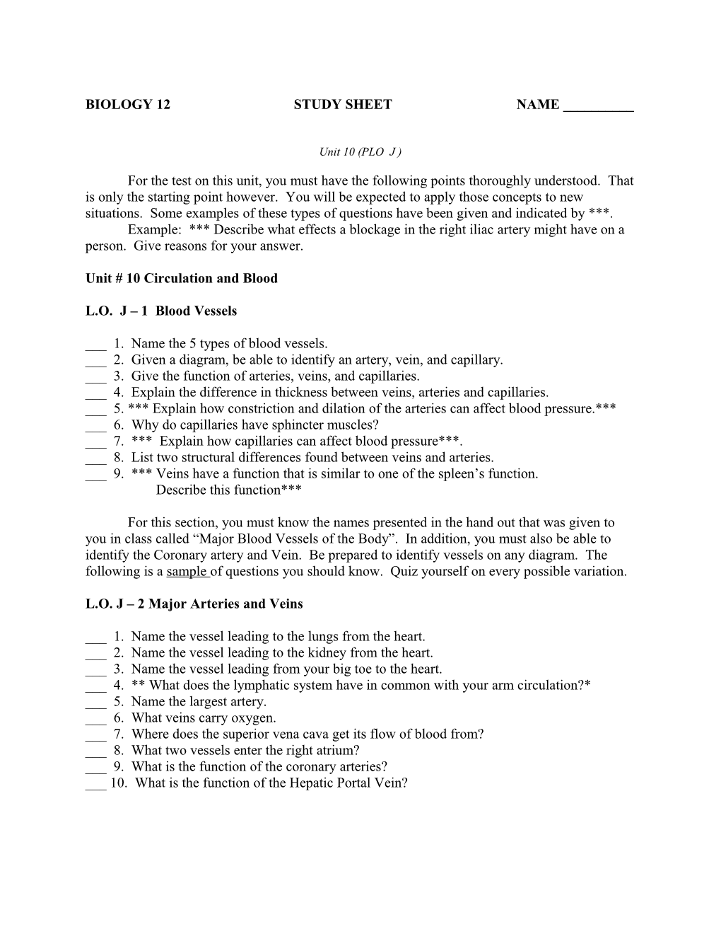 Biology 12 Study Sheet Name ______