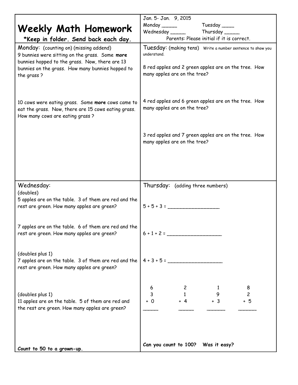 Weekly Math Homework