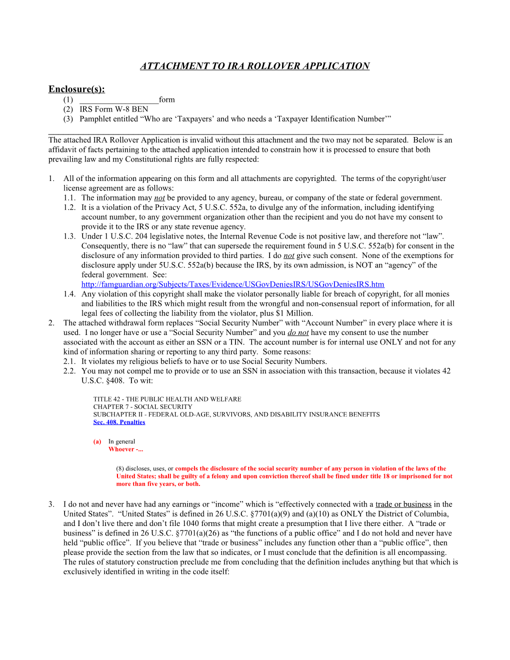 Attachment to Ira Rollover Application