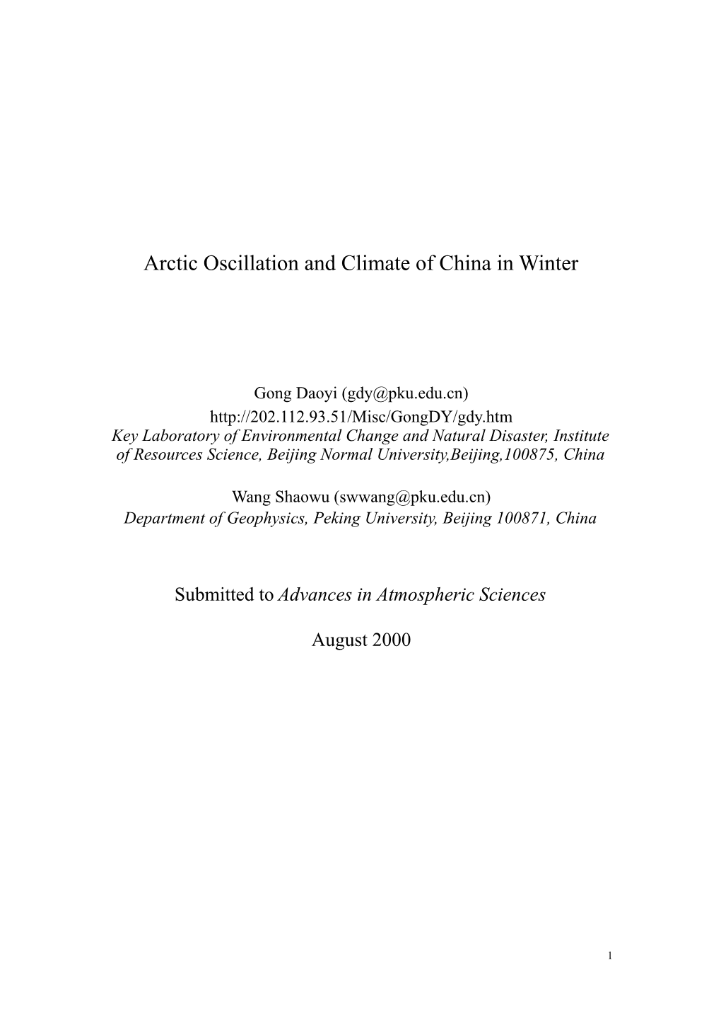 Arctic Oscillation and Climate of China in Winter