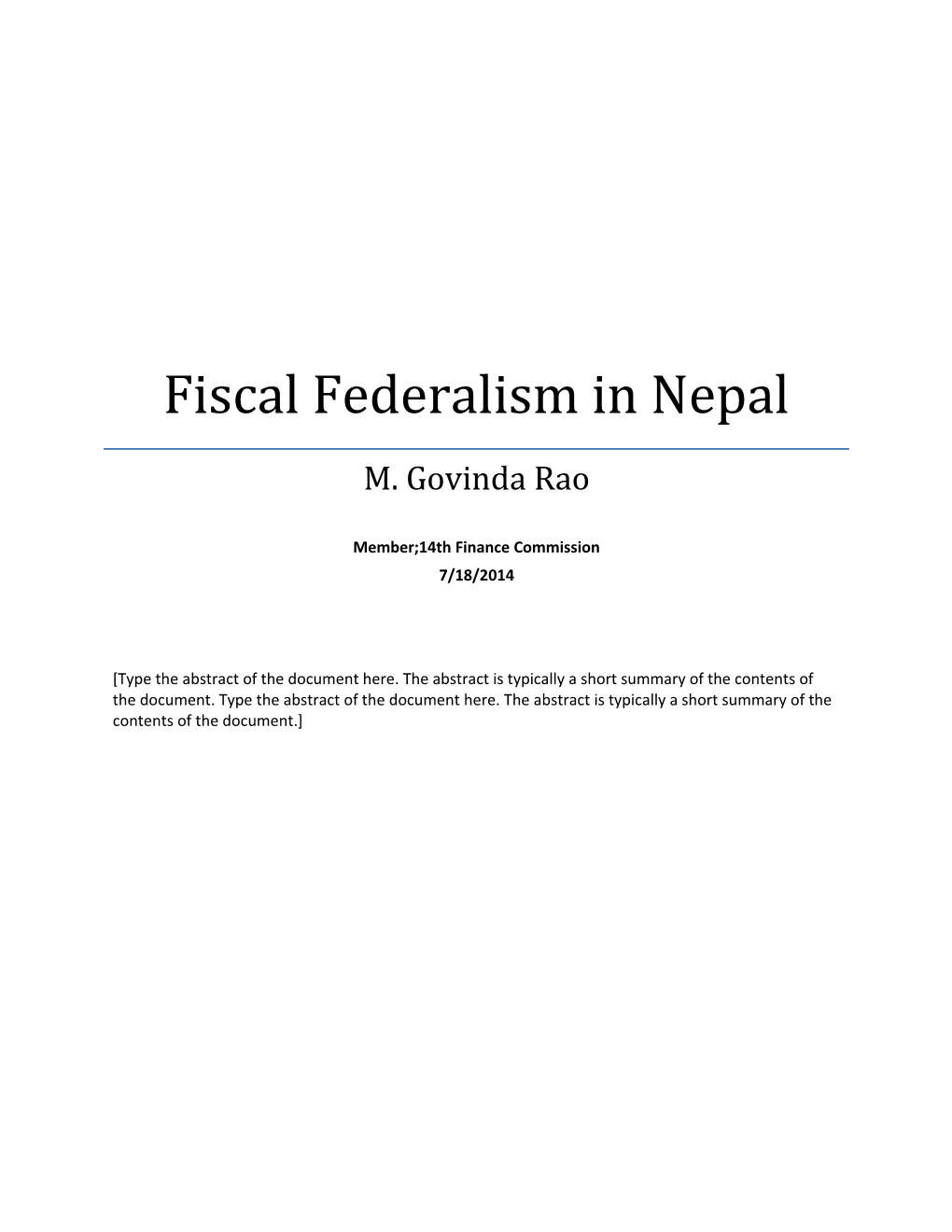 Fiscal Federalism in Nepal