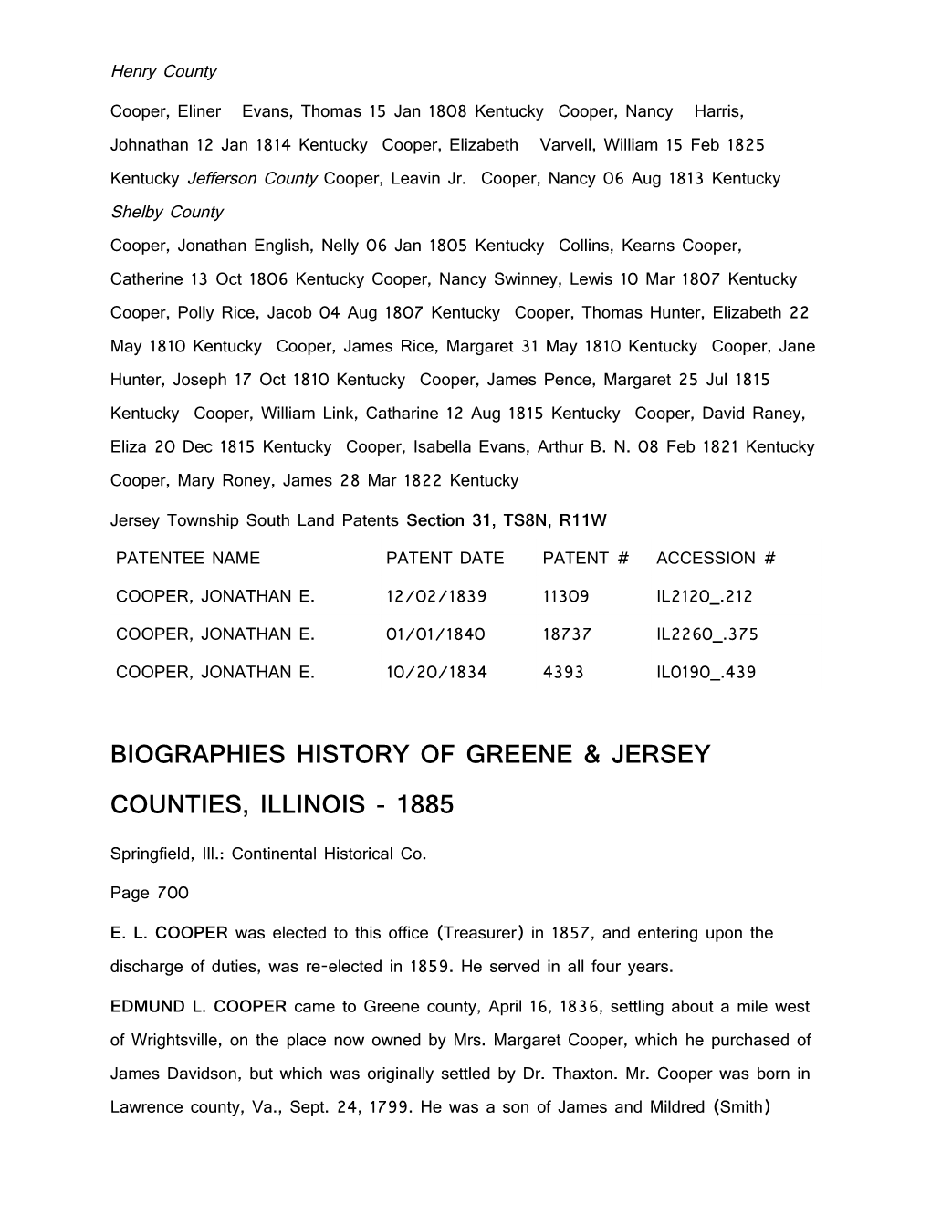 Jersey Township South Land Patents Section 31, TS8N, R11W