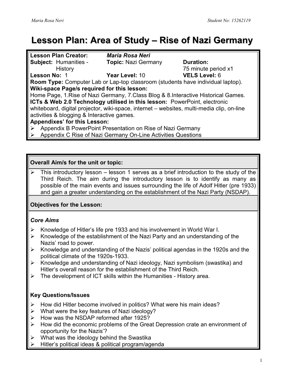 Lesson Plan: Area of Study Rise of Nazi Germany