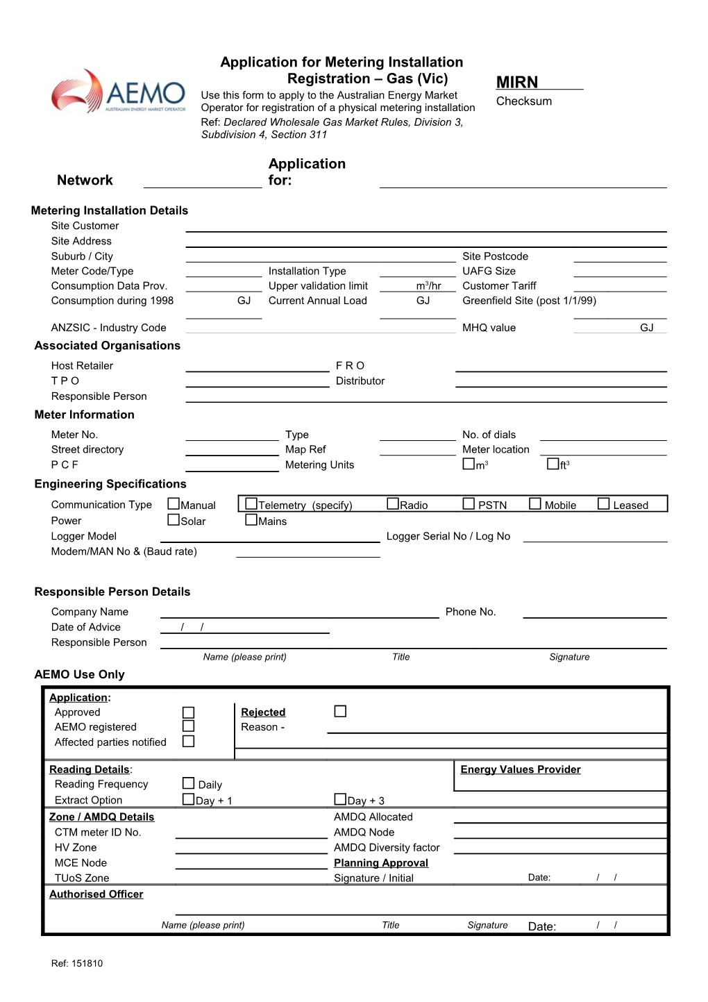 Application for Metering Installation Registration Gas (Vic)