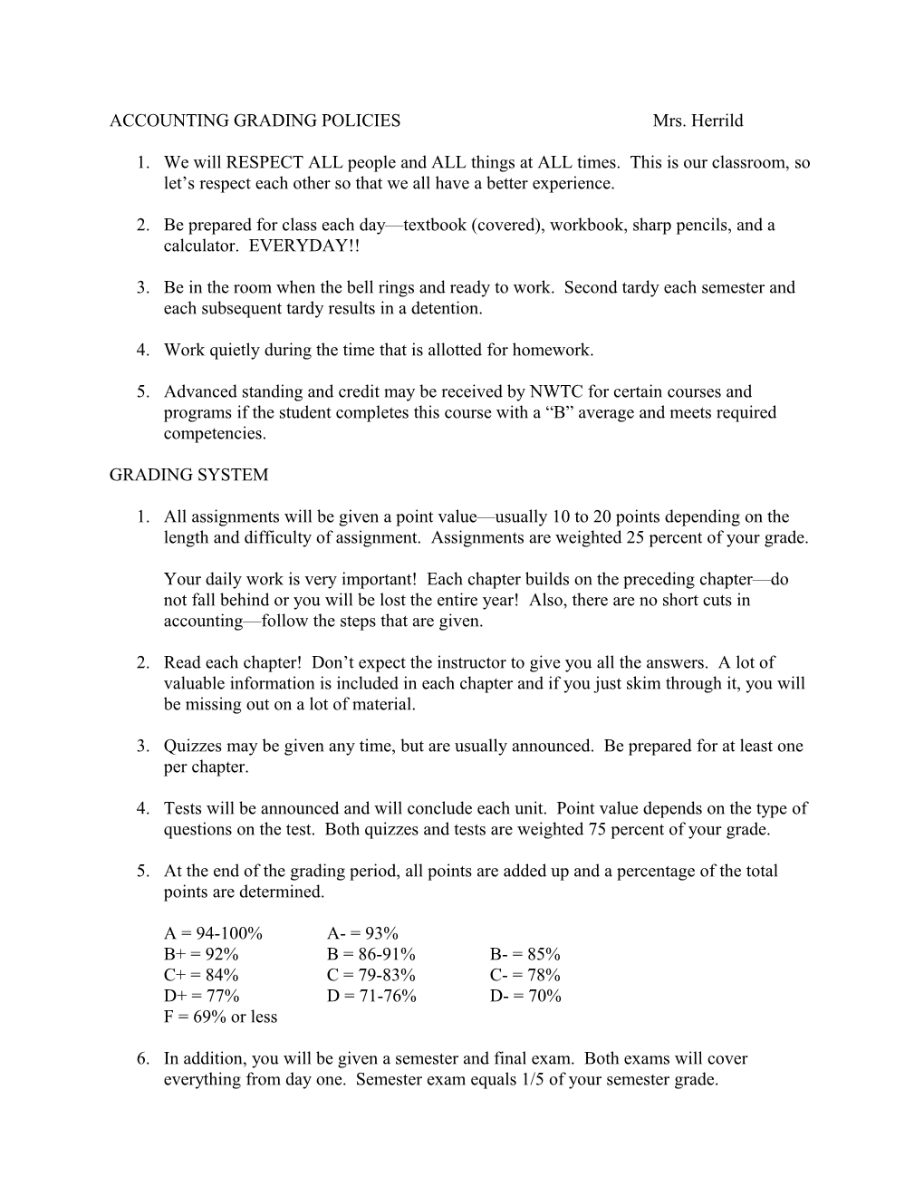 Accounting Grading Policies