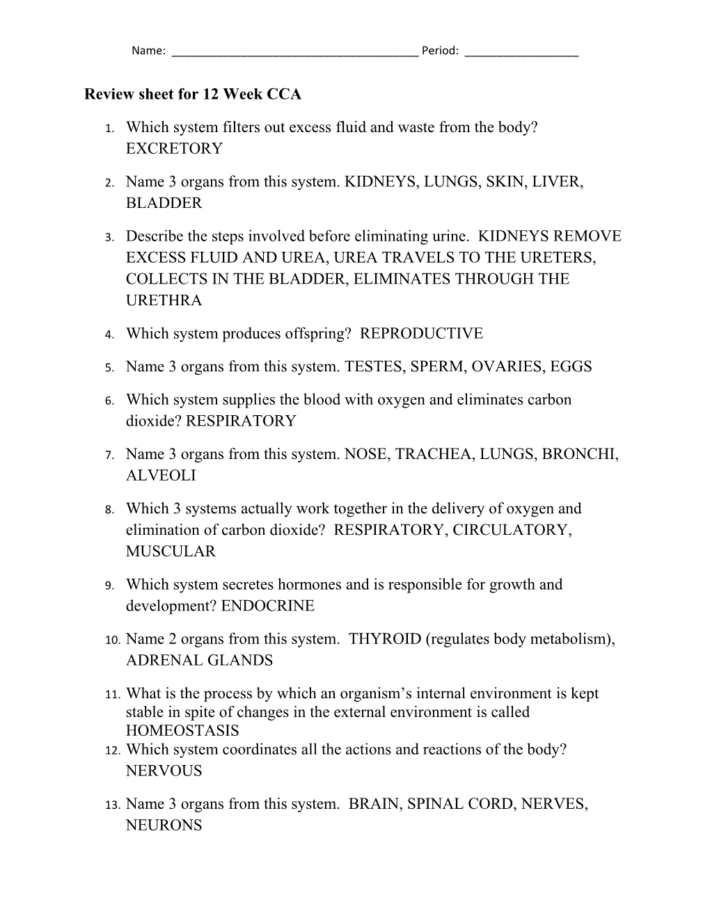 Review Sheet for 12 Week CCA