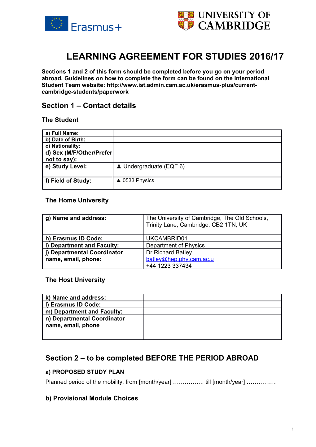 Learning Agreement for Studies 2016/17