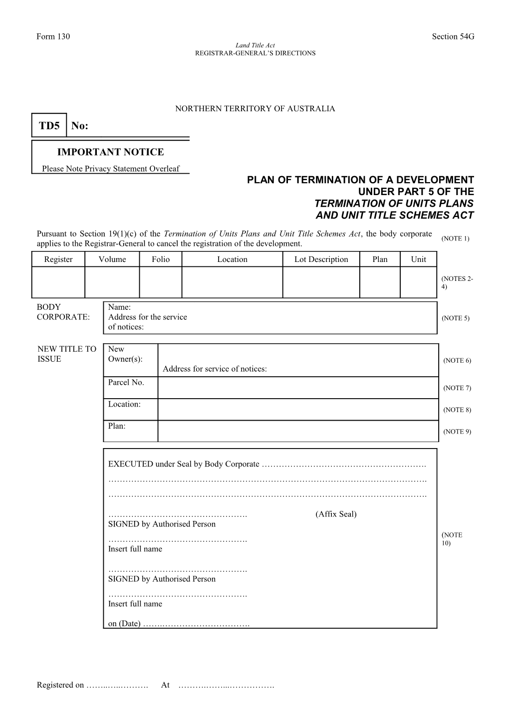 Form No. 130 - Plan of Termination of a Development Under Part 5 of the Termination Of