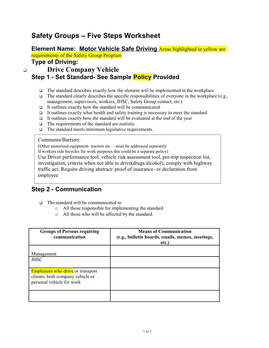 Safety Groups Five Steps Worksheet