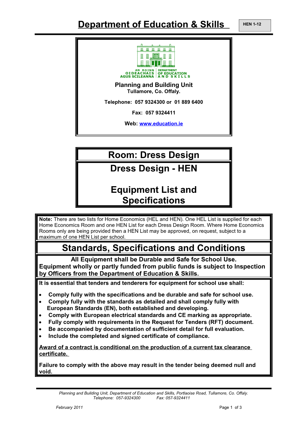 Room: Dress Design - Dress Design - HEN - Equipment List and Specifications (File Format