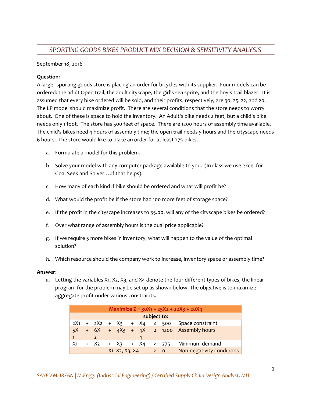 Sporting Goods Bikes Product Mix Decision & Sensitivity Analysis