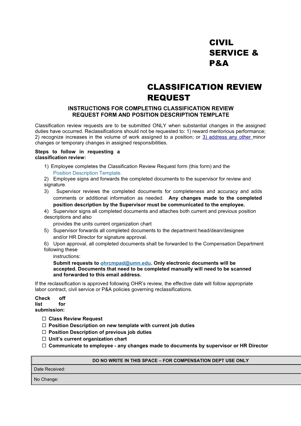 Instructions for Completing Classification Review Request Form and Position Description